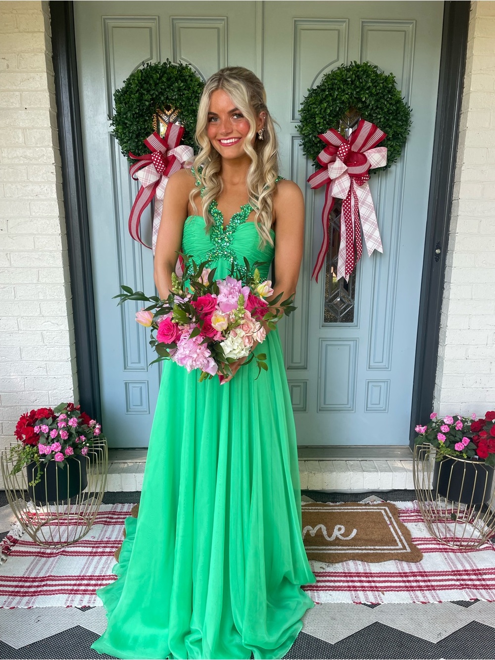 Sherri Hill Emerald Green Beaded V-Neck Maxi Gown